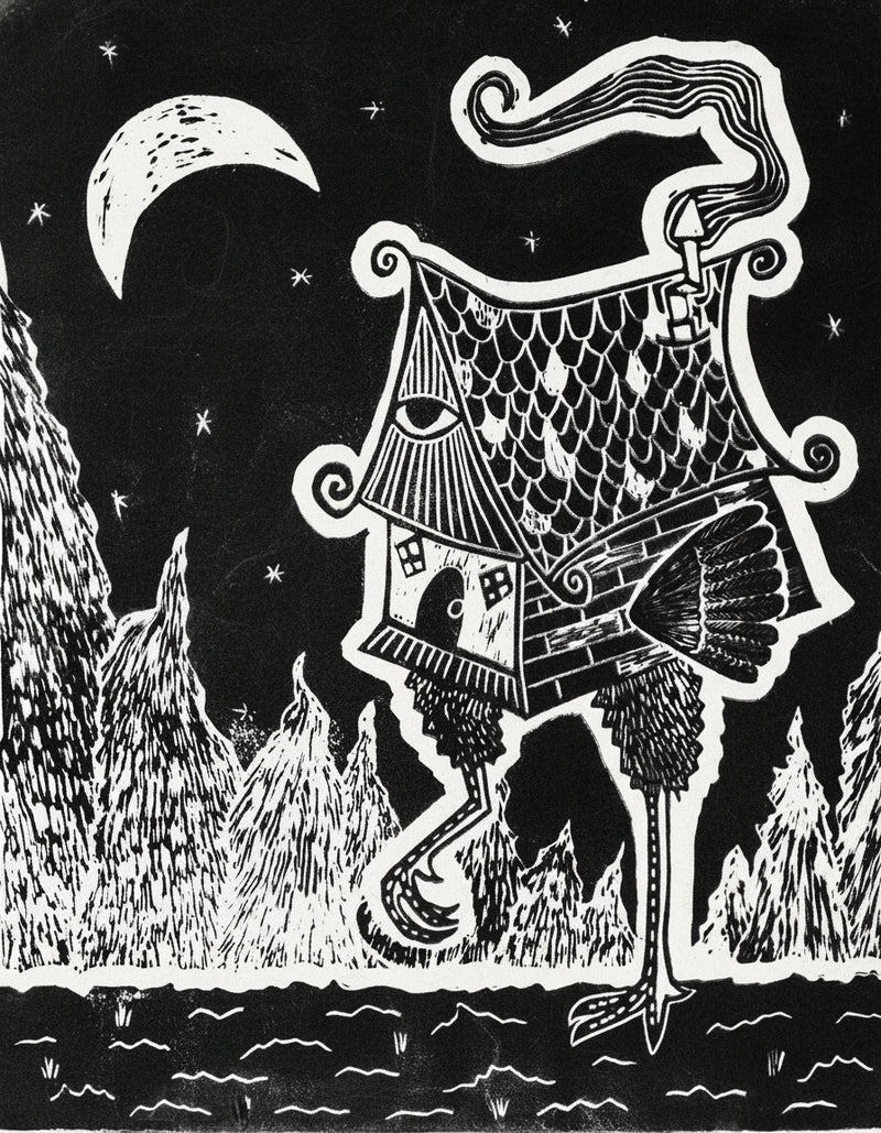 Black and white illustration of Baba Yaga's house on chicken legs against a night sky