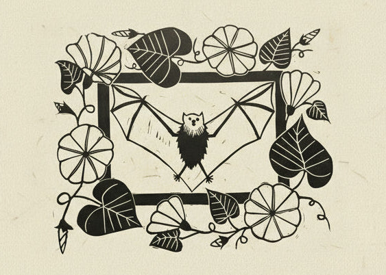 Decorative linoprint of a bat in a frame surrounded by moonflower leaves and flowers.