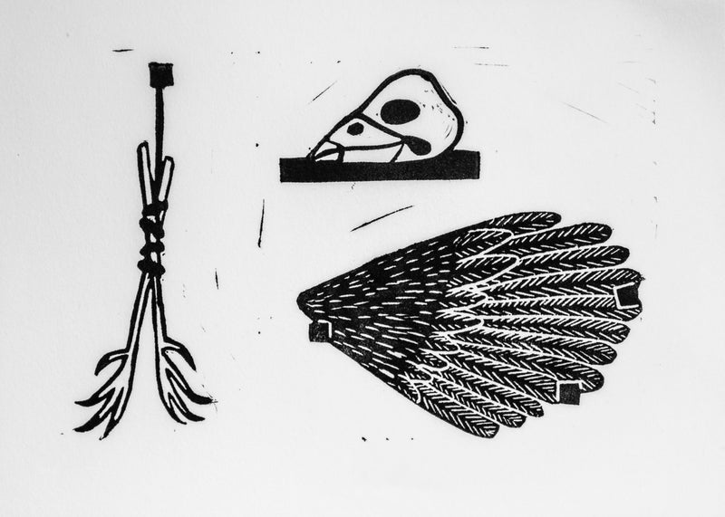 Black and white illustration of a collection of bird pieces -wing, bundled feet, and skull on a light gray background.