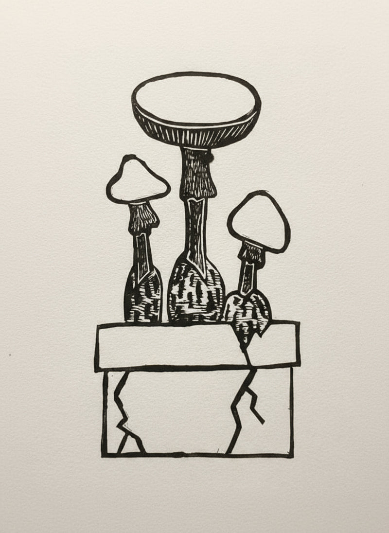 Linoprint of 3 Destroying Angel mushrooms in a cracked pot