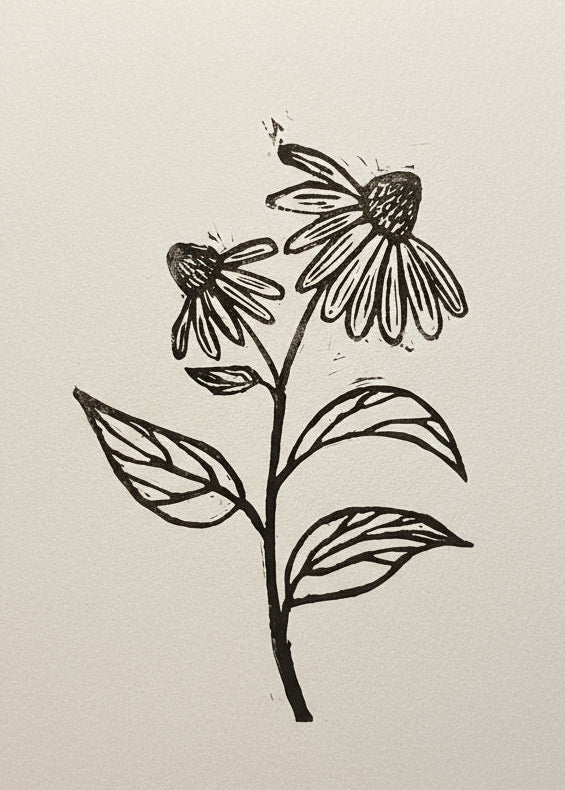 Echinacea linoprint on a white background