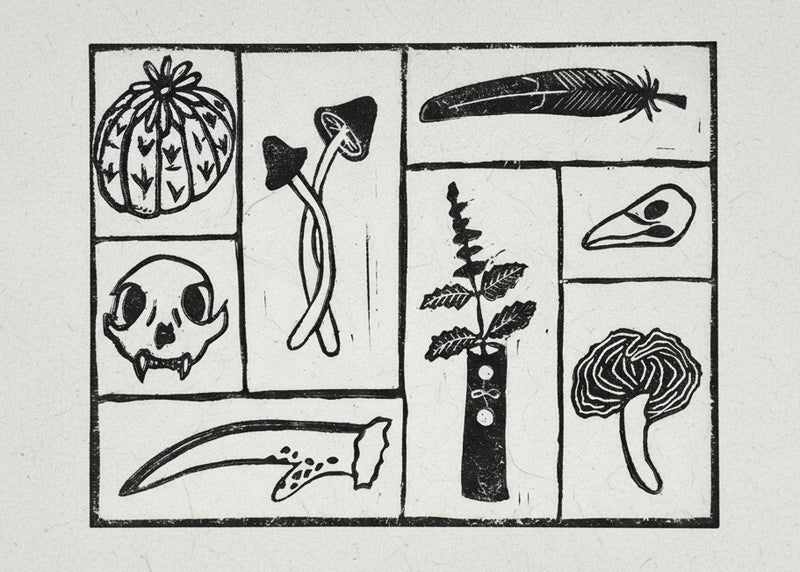 Black and white illustration of various objects representing the soul arranged in a grid on a black border.