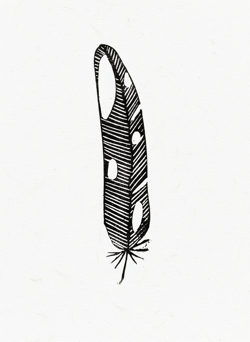 Black and white feather illustration on a light gray background