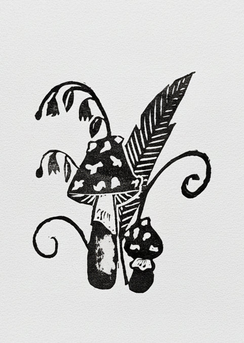 Black and white illustration of a mushroom with decorative elements on a white background