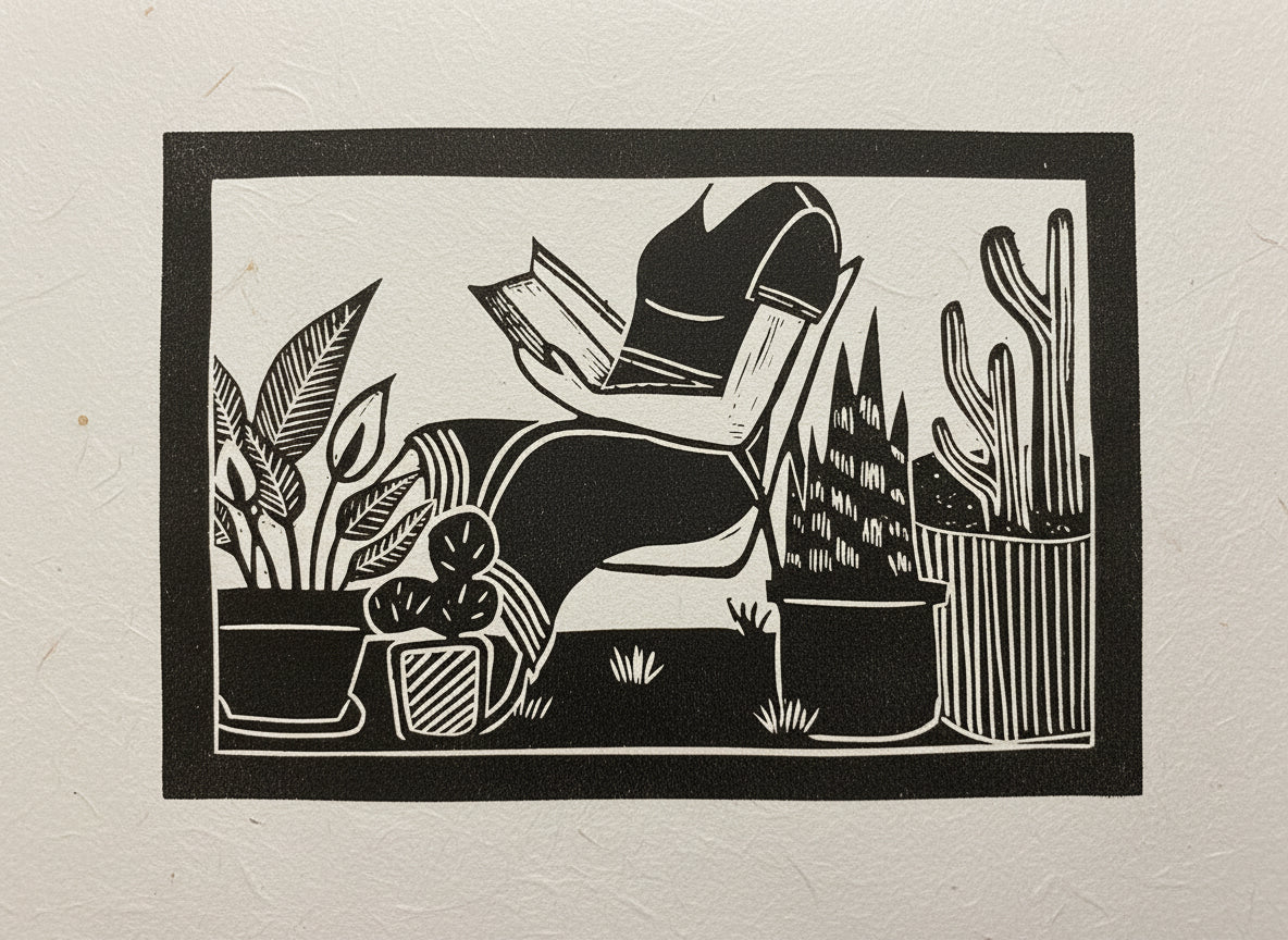 Black and white image of a girl reading a book among potted plants