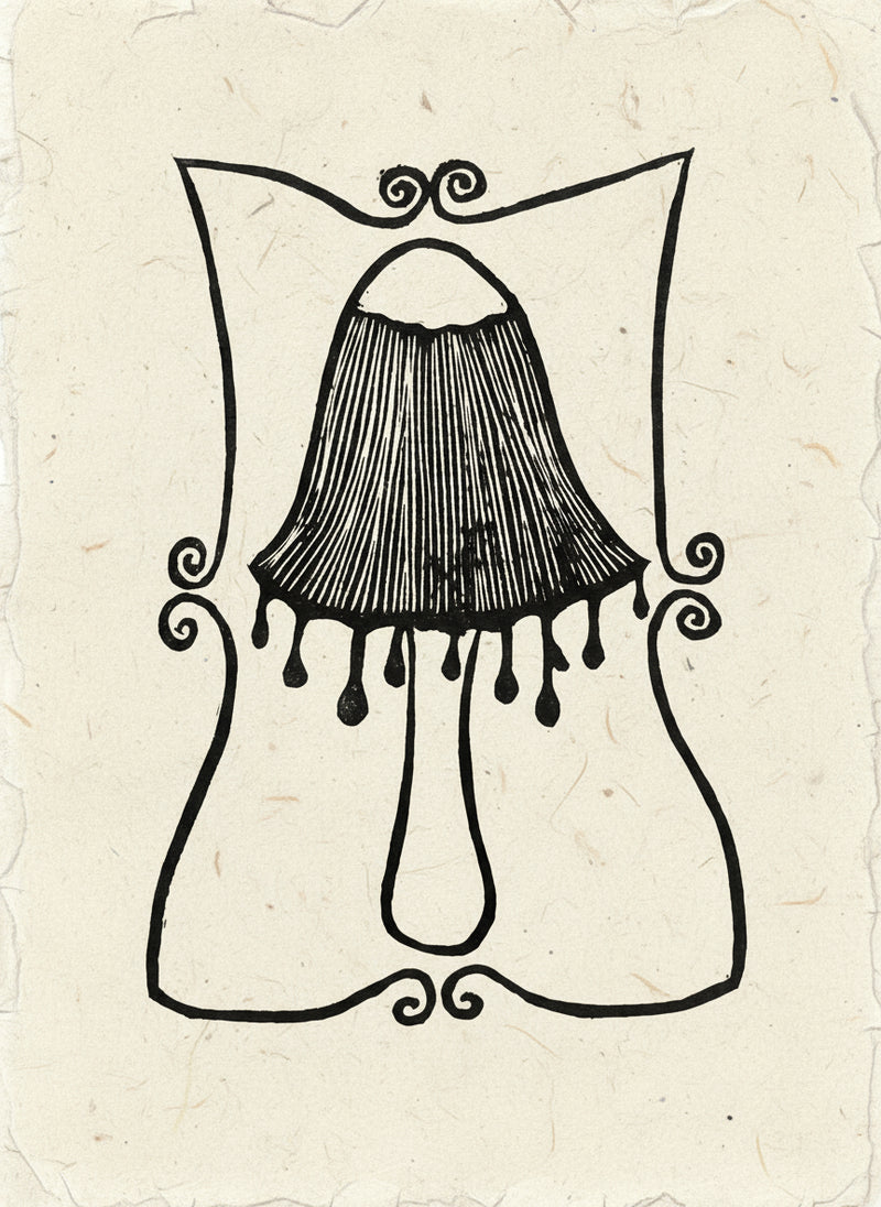 Decorative linoprint of a dripping mushroom surrounded by a decorative frame