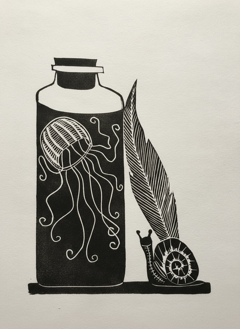 A decorative linoprint of a jellyfish specimen in a corked jar on a shelf along side a feather and snail