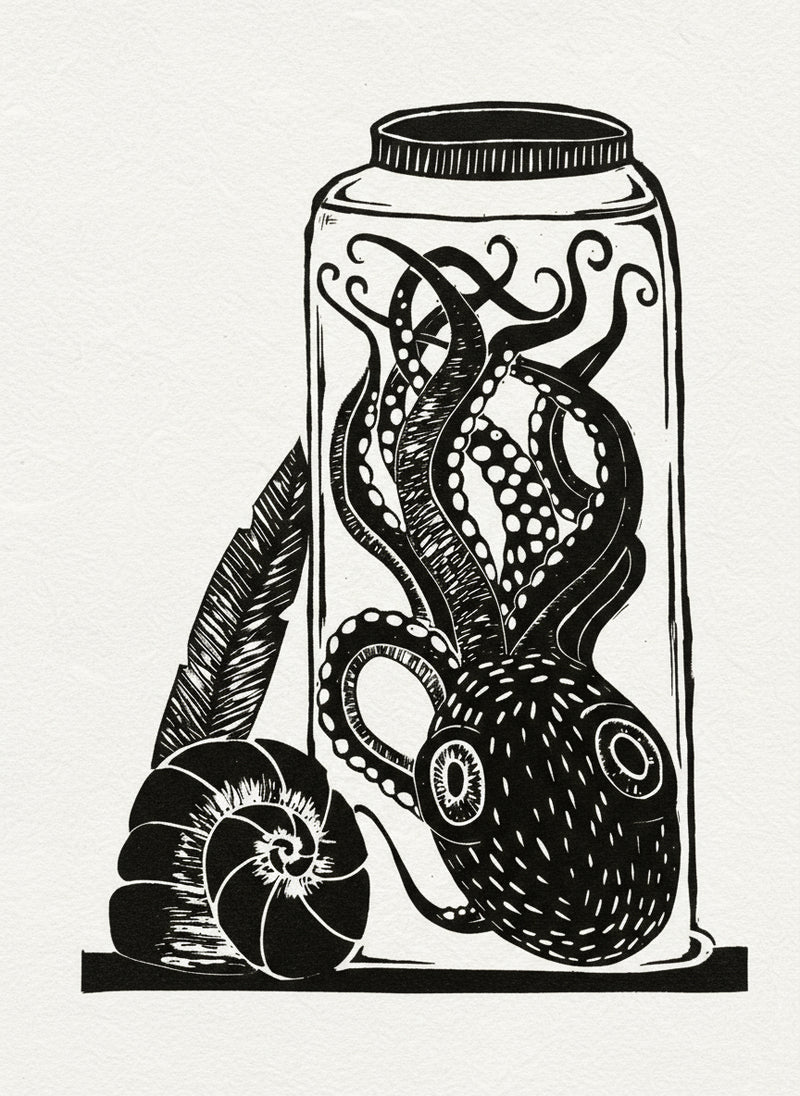 A linocut of an octopus inside a jar with a shell and feather on an off white background