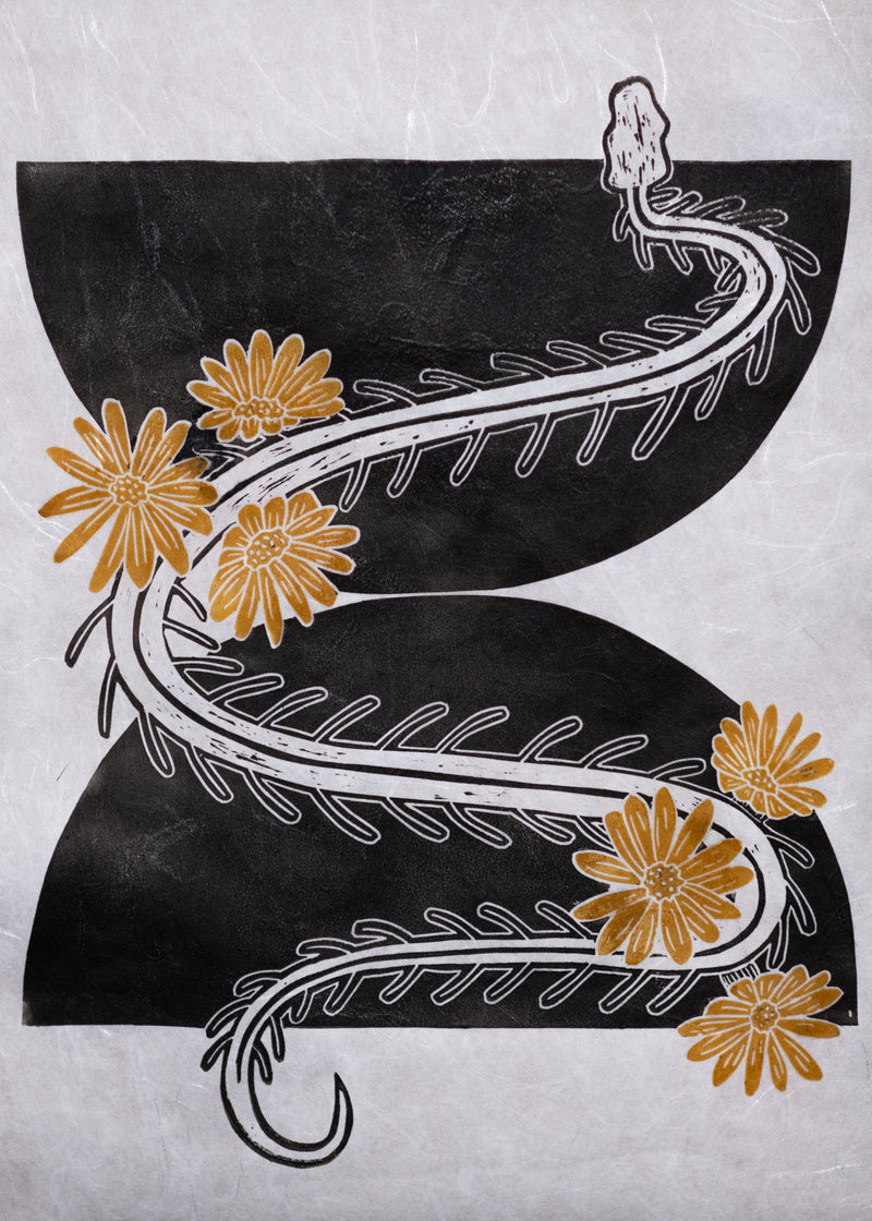 Decorative design with black half-circles, the skeleton of the endangered pine snake, and yellow flowers on a textured gray background