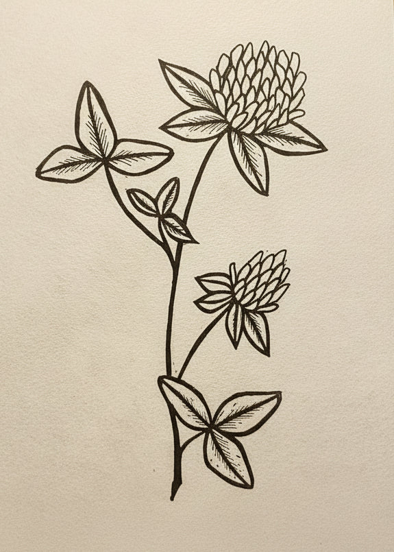 A black linoprint of Red Clover
