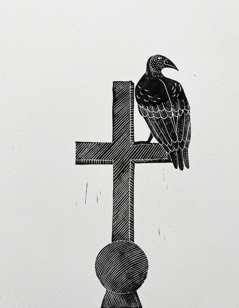Black and white illustration of a vulture perched on a church steeple