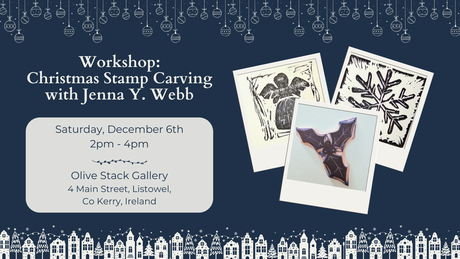 Advertisement for a Christmas stamp carving workshop with Jenna Y. Webb, featuring images of stamp carvings on a dark blue background.